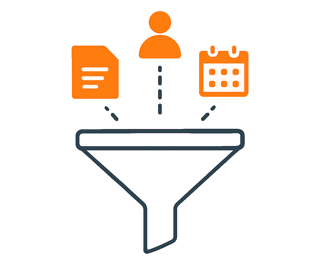 Context capture funnel showing documents, people, and calendar data flowing into Baton