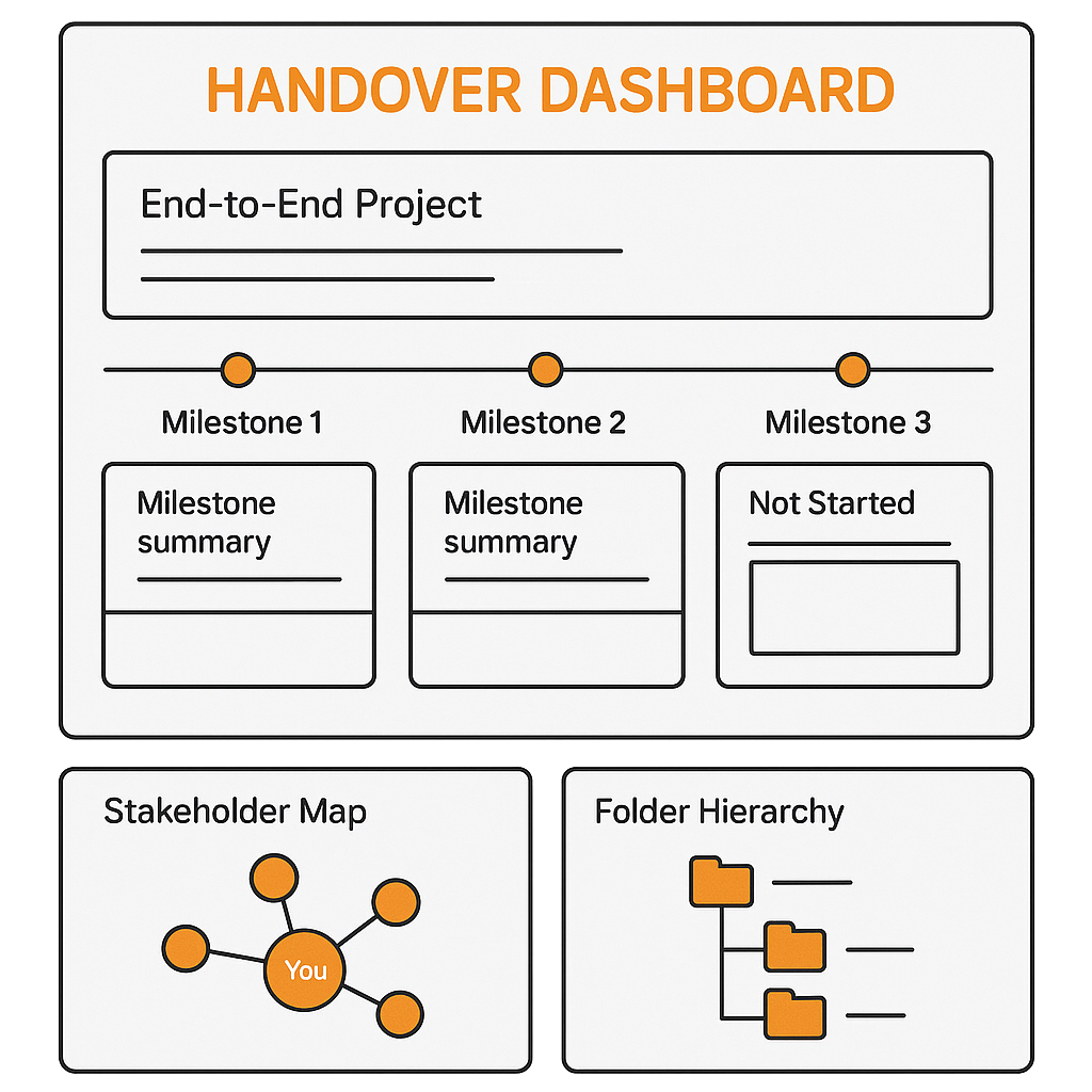 Baton handover dashboard showing project timeline, milestones, stakeholder map, and folder hierarchy